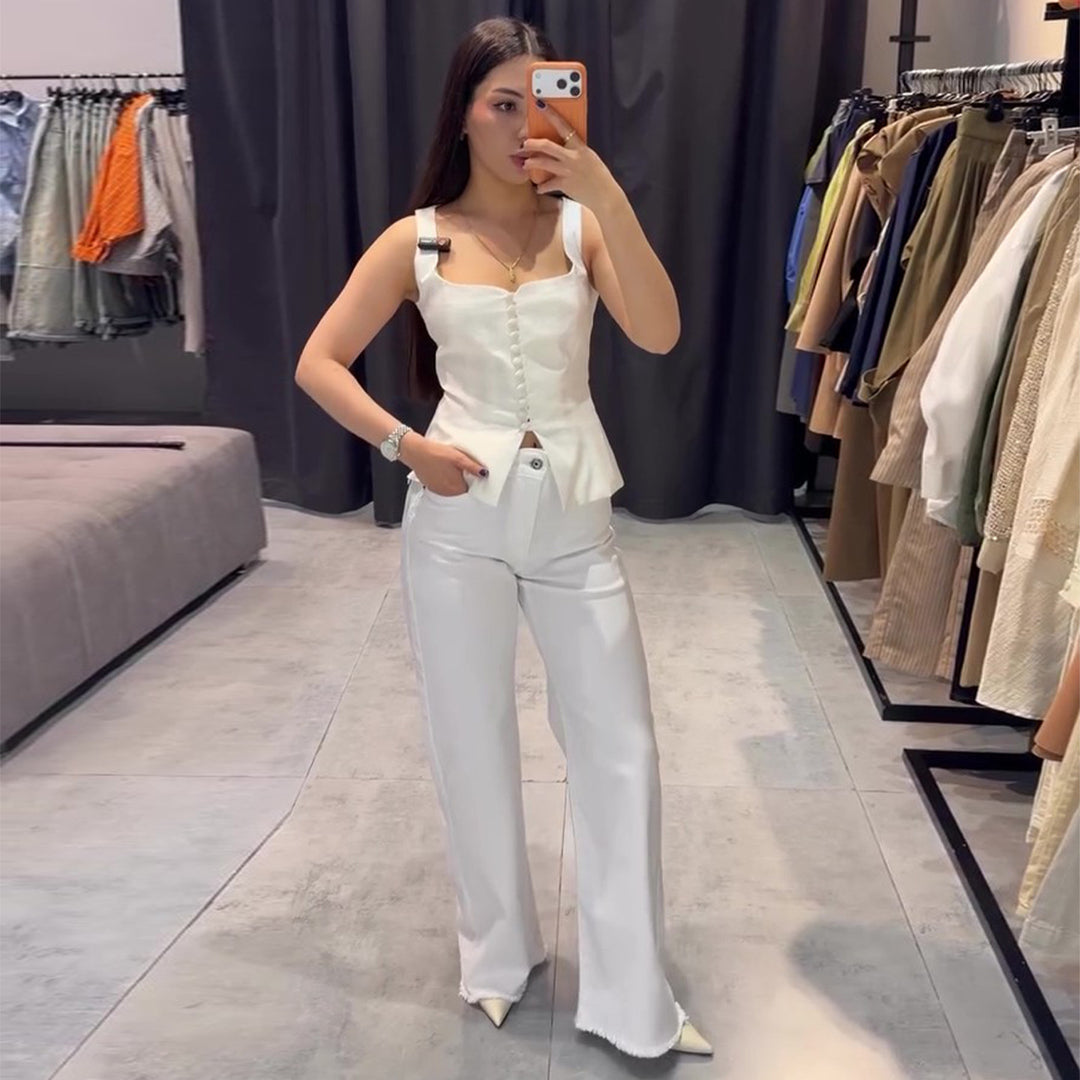 Damen Elegantes Top mit tailliertem Schnitt und dekorativen Knöpfen EB