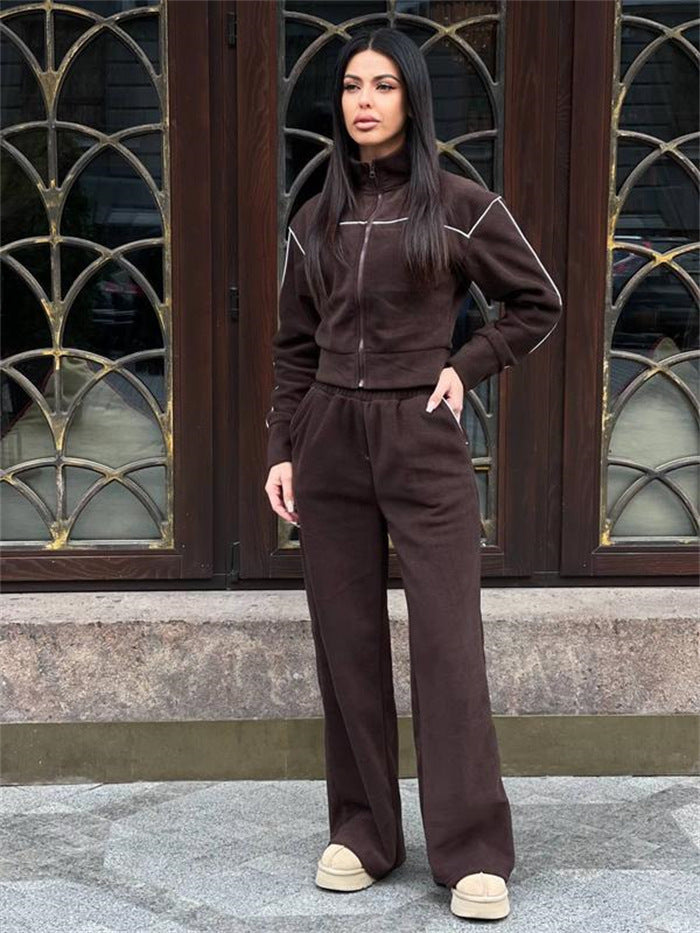 Damen Kurzgeschnittenes Zip-Oberteil mit lockerfallender High-Waist-Loungehose EB