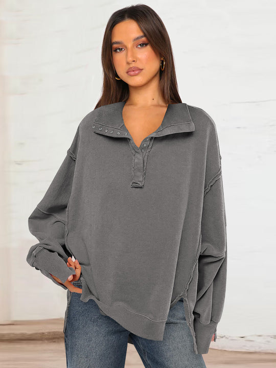 Damen Oversized Sweatshirt mit modischem Kragen und distressed Details EB