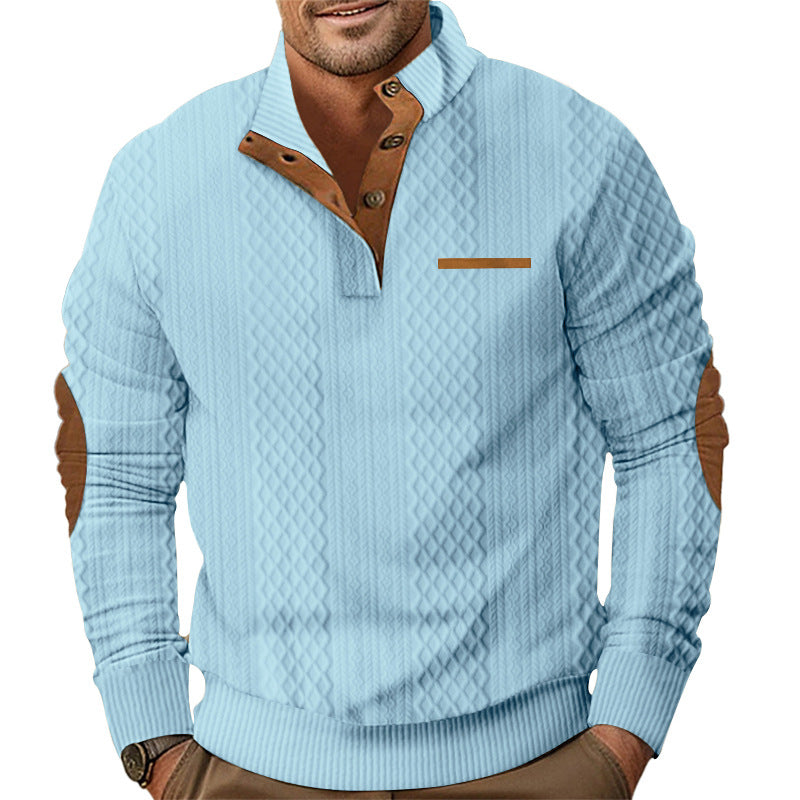 Herren nan strukturierter Strickpullover mit Stehkragen, Knopfleiste und Ellenbogenpatches EB