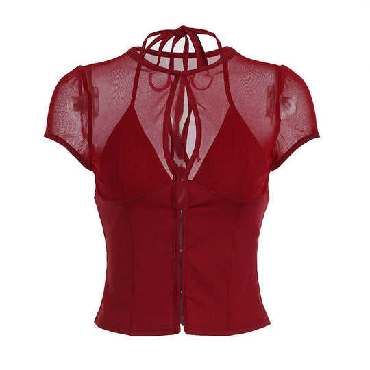 Damen Mesh-Oberteil mit dekorativem Bindeband EB