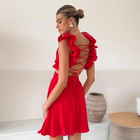 Damen Freizeitsommerkleid mit voluminösen Rüschenträgern und V-Ausschnitt EB
