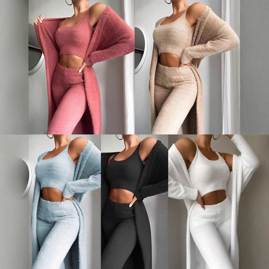 Damen modisches Lounge-Set mit ärmellosem Crop-Top und langem Cardigan EB