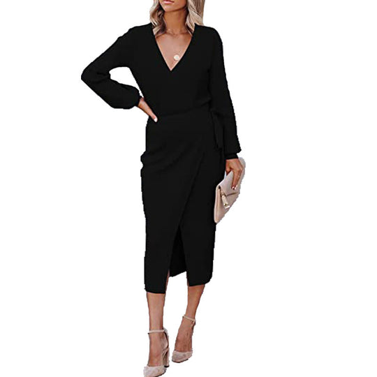 Damen elegantes Wickelkleid mit langem Arm und schickem V-Ausschnitt EB