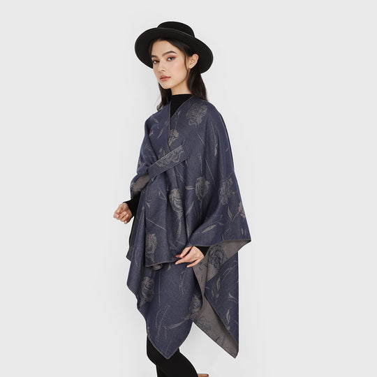 Damen Beidseitig tragbarer Jacquard-Überwurf mit Rosenmuster und Bindegürtel EB