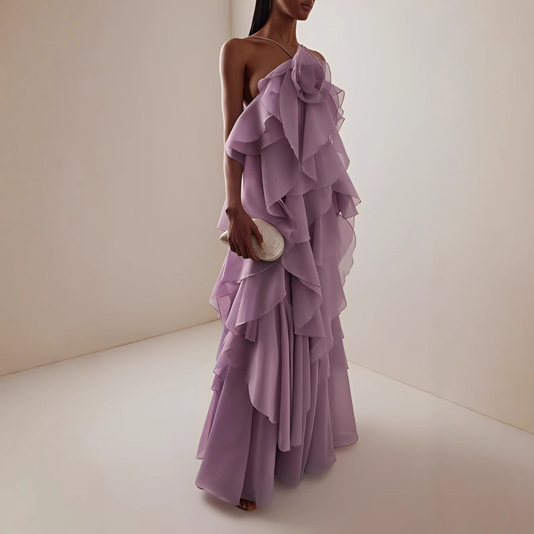Damen Maxikleid mit voluminösen Rüschen und floralen Akzenten EB