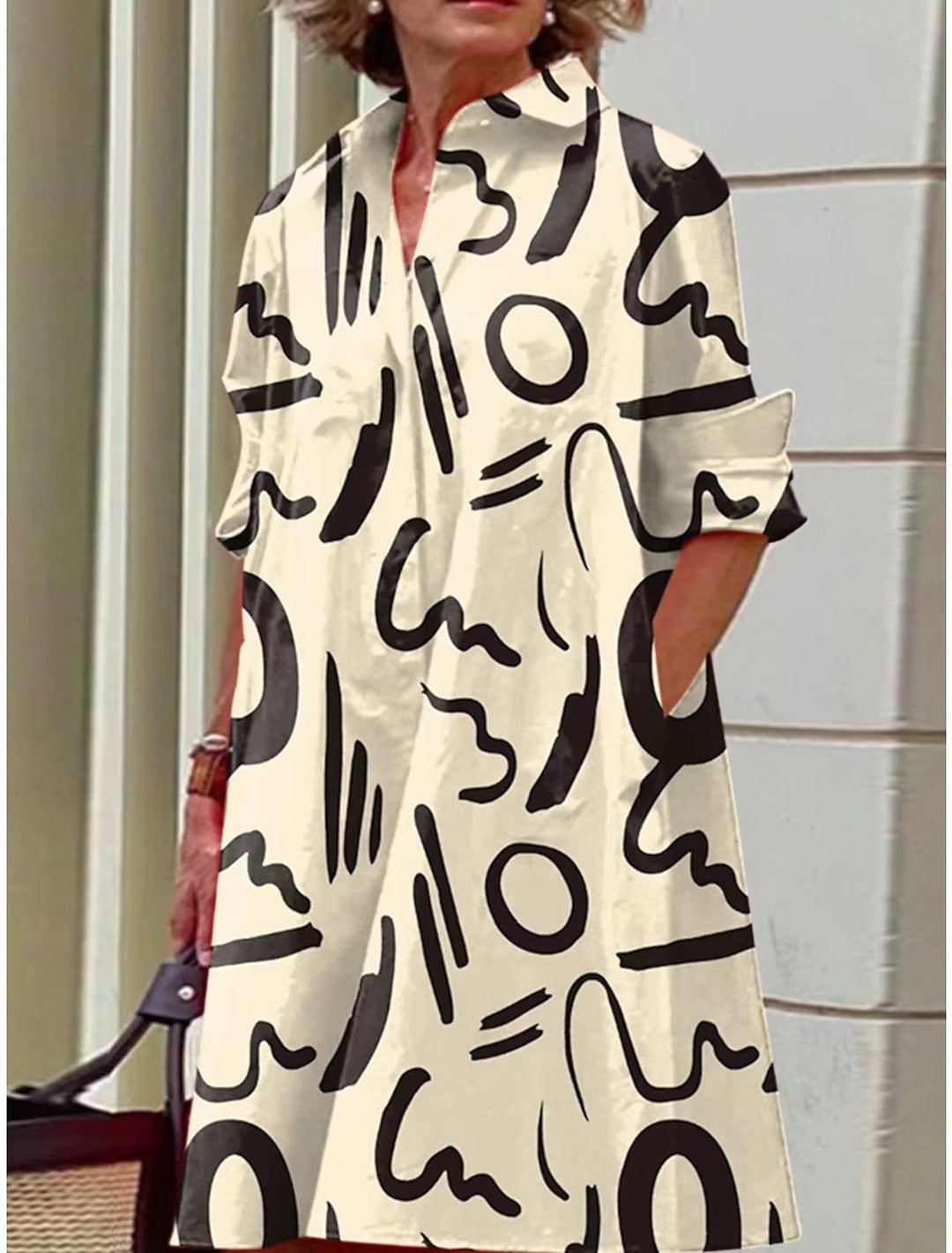 Damen nan A-Linien Hemdblusenkleid mit aufgekrempelten 3/4-Ärmeln und seitlichen Eingrifftaschen EB