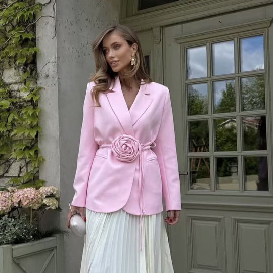 Damen nan taillierter Blazer mit dekorativer Rosenapplikation und Bindegürtel EB