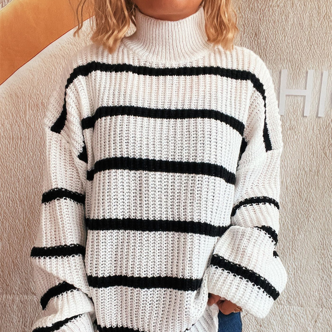 Damen Strickpullover mit hohem Kragen und modischem Streifenmuster EB