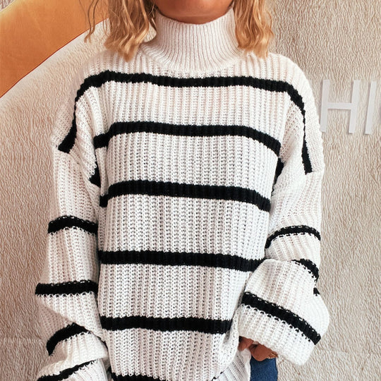Damen Strickpullover mit hohem Kragen und modischem Streifenmuster EB