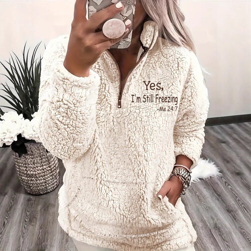 Damen kuscheliger Fleece-Pullover mit kurzem Reißverschluss und originellem Schriftzug EB