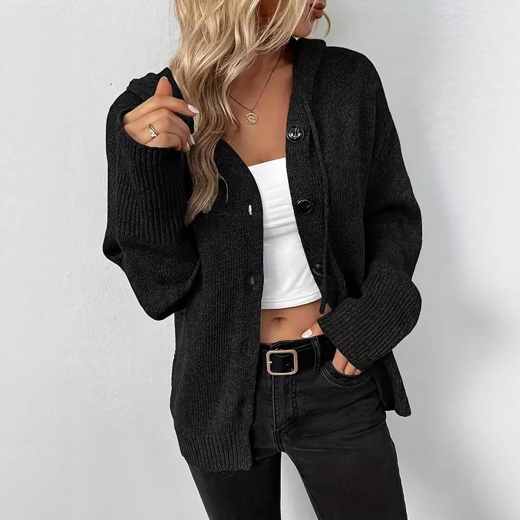 Damen Strickjacke mit Kapuze und Knopfverschluss EB