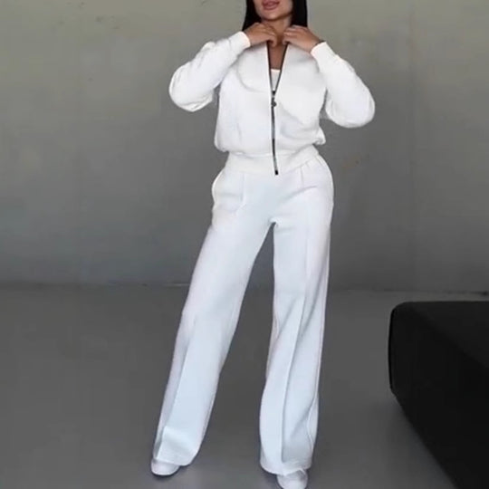 Damen nan kurz geschnittenes Blouson mit Reißverschluss und weiter High-Waist Jogginghose Set EB