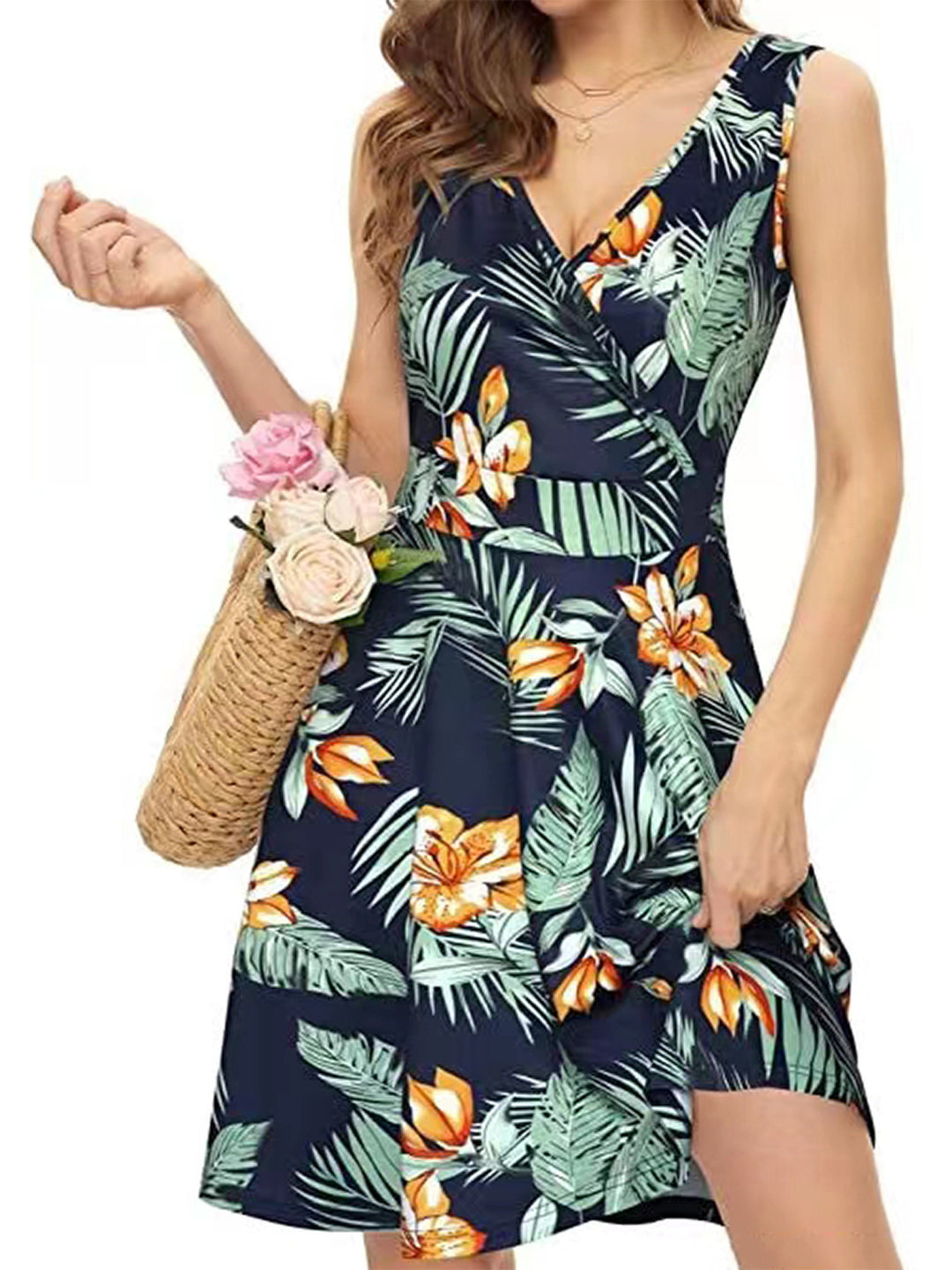 Damen Wickelkleid mit floralem Muster und schwingendem Rock EB