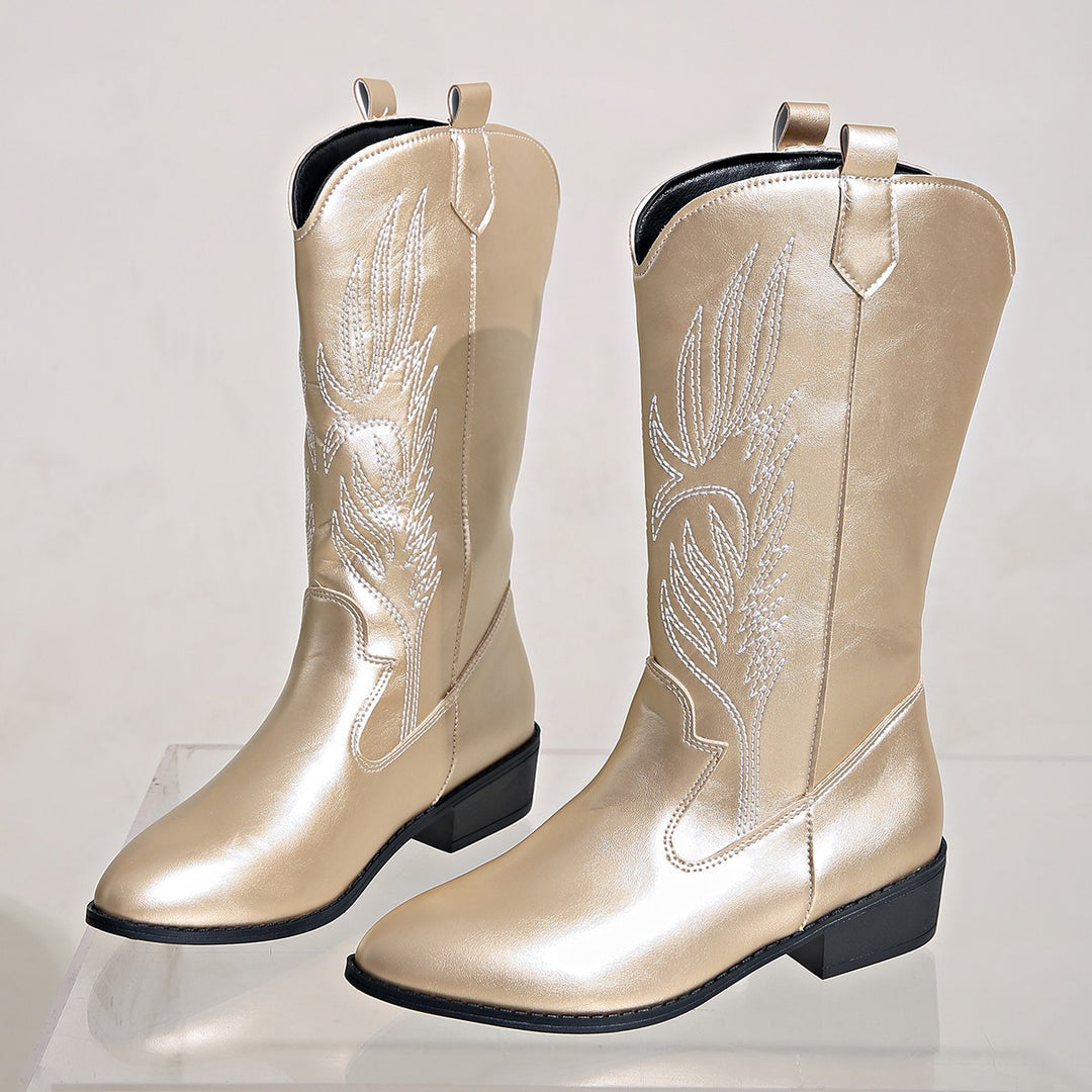 Damen Cowgirl-Kniehoher Stiefel mit dekorativer Stickerei, Pull‑Tabs und komfortablem Blockabsatz EB