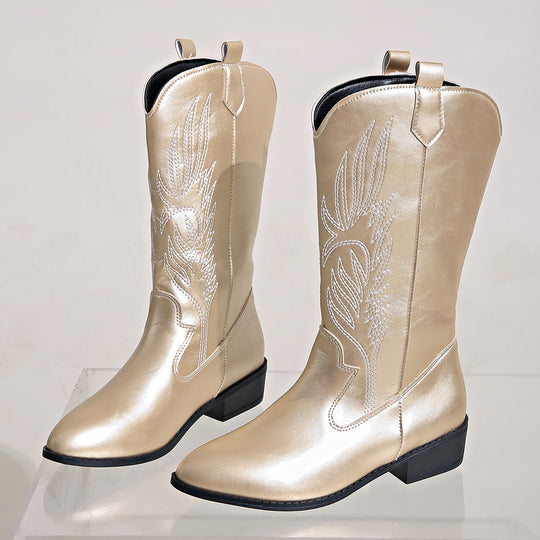 Damen Cowgirl-Kniehoher Stiefel mit dekorativer Stickerei, Pull‑Tabs und komfortablem Blockabsatz EB