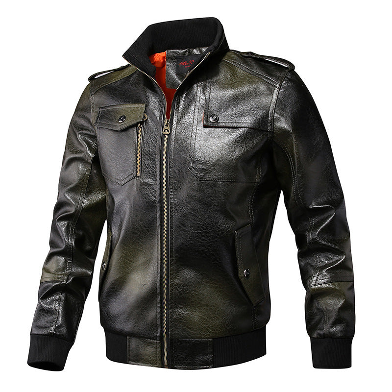 Herren Kunstleder-Flightjacke mit Brust- und Reißverschlusstaschen, Stehkragen und Rippbündchen EB