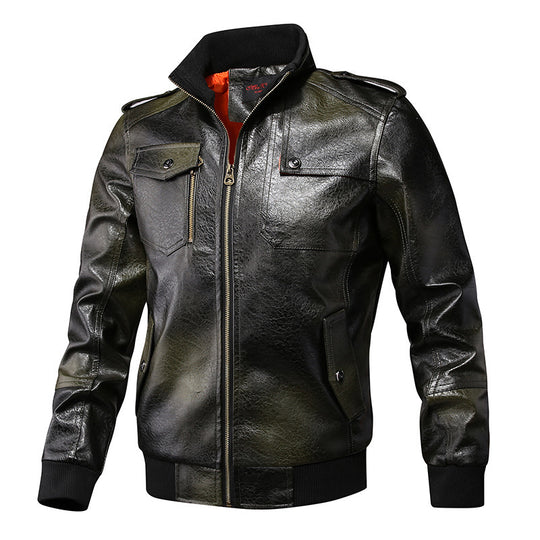 Herren Kunstleder-Flightjacke mit Brust- und Reißverschlusstaschen, Stehkragen und Rippbündchen EB