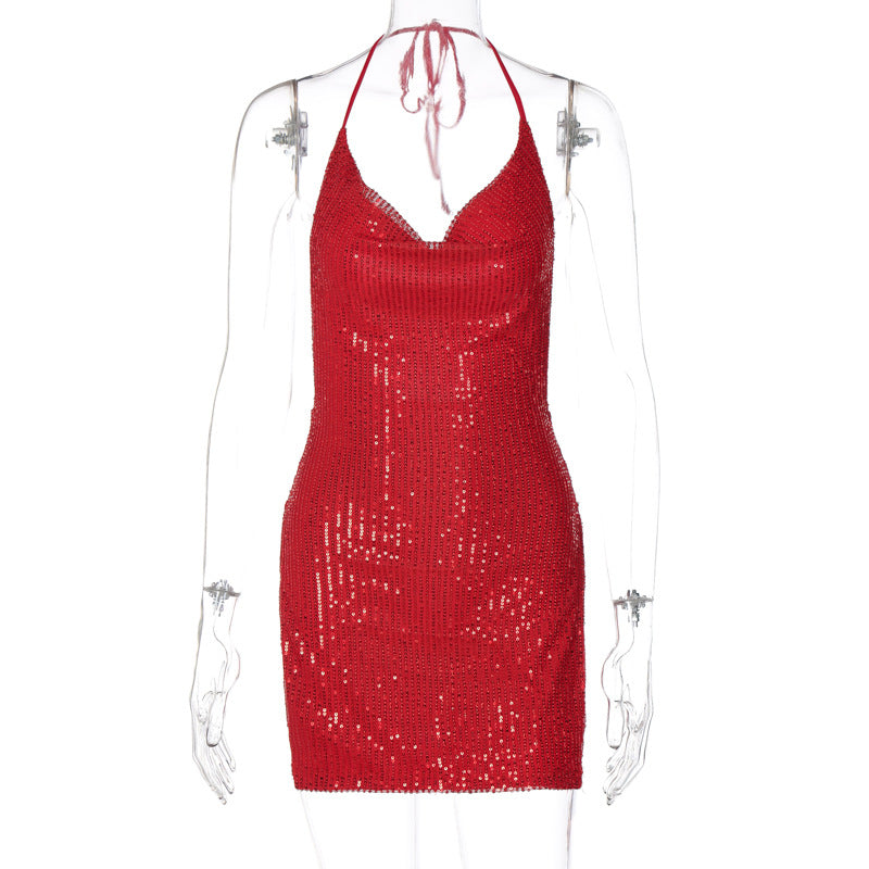 Damen Funkelndes Minikleid mit schmalem Schnitt und Halterdesign EB