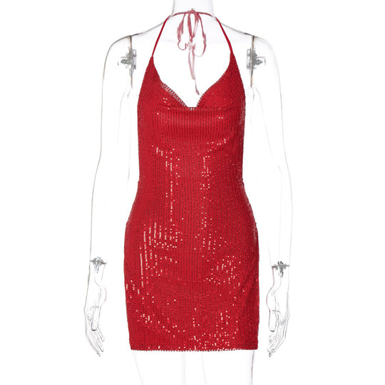 Damen Funkelndes Minikleid mit schmalem Schnitt und Halterdesign EB