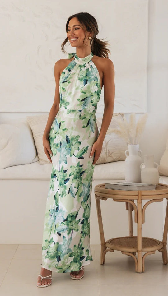 Damen Maxikleid mit hochgeschlossenem Halterneck-Design und floralem Muster EB