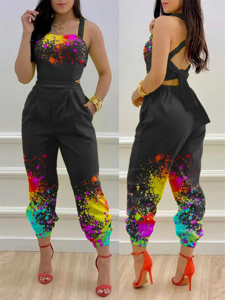 Damen modisches Jumpsuit mit floralem Design und tiefem Rückenausschnitt EB