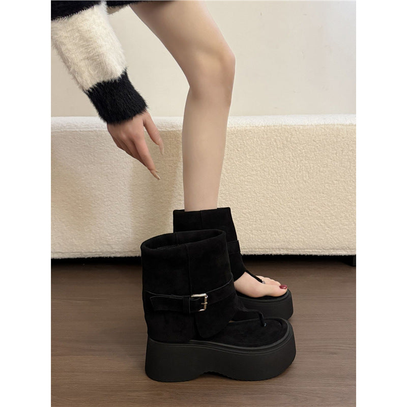 Damen Plateau-Stiefel mit geschwungenem Riemendesign EB