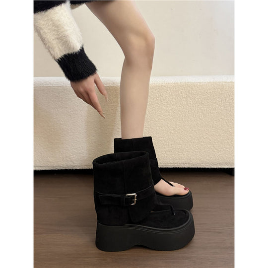 Damen Plateau-Stiefel mit geschwungenem Riemendesign EB