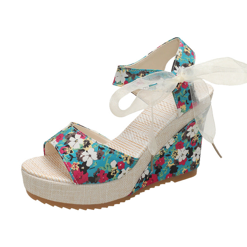 Damen Wedge-Sandalen mit floralem Design und hübschem Schleifenverschluss EB