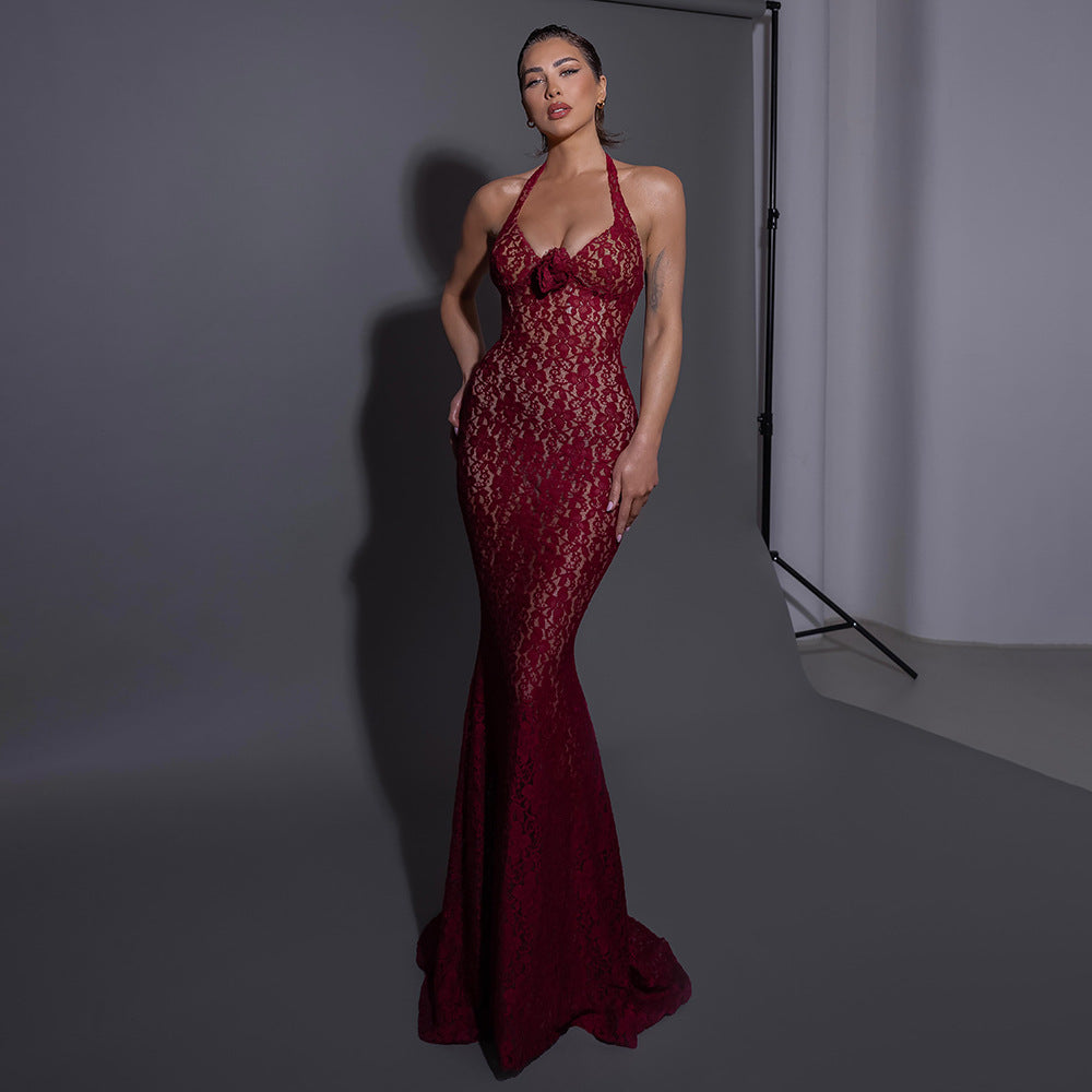 Damen Elegantes Spitzenkleid mit Langärmeln und Blumenapplikationen EB