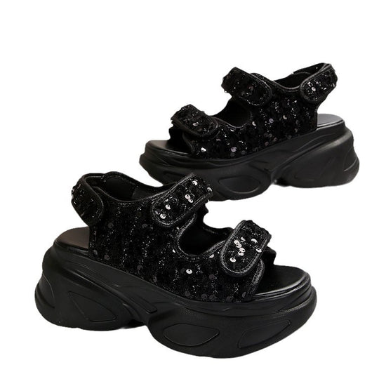 Damen Sneakersandalen mit komfortablem Klettverschluss und glitzernder Oberflächenstruktur EB