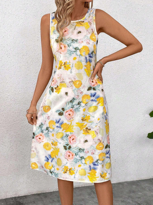 Damen Blumiges Sommerkleid mit fließendem Schnitt und ärmellosem Design EB