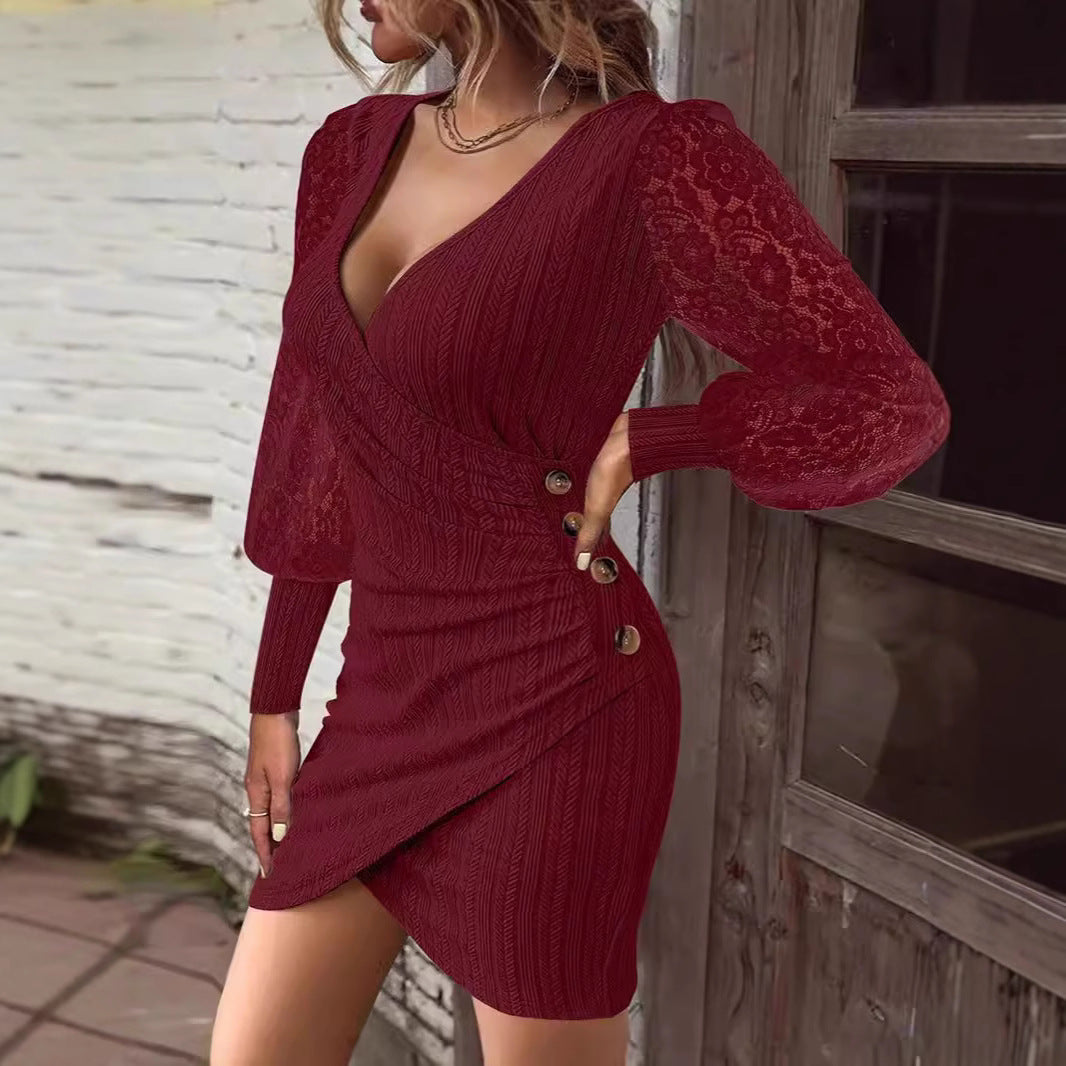 Damen Kurzarm Kleid mit raffinierten Spitzenärmeln und elegantem Wickeldesign EB