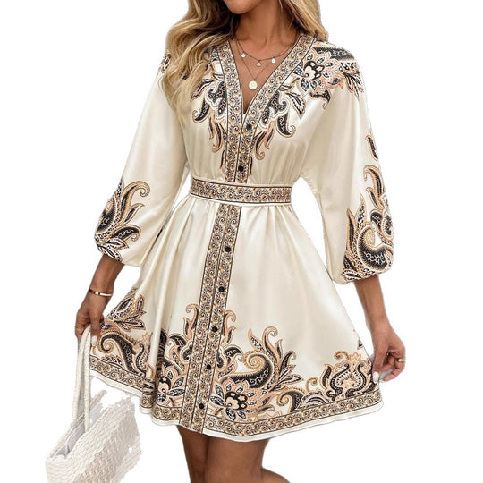 Damen Kurzes Kleid mit V-Ausschnitt, ornamentaler Bordürenstickerei, Taillengürtel & Ballonärmeln EB