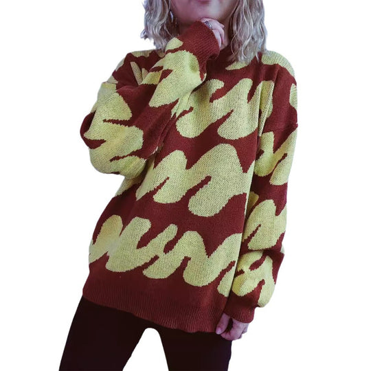 Damen lässiger Pullover mit modernem Farbblockdesign und voluminösen Ärmeln EB
