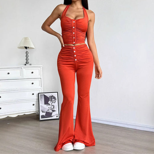 Damen Set aus gekräuseltem Top und flared Hose EB