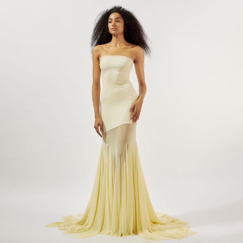 Damen Elegantes schulterfreies Maxikleid mit schimmerndem Stoff und voluminösem Rock EB