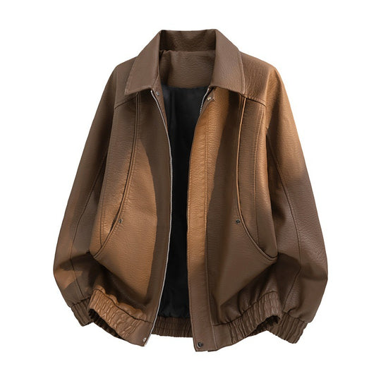 Herren oversized Kunstleder-Fieldjacke mit verdecktem Reißverschluss, elastischem Saum und aufgesetzten Taschen EB
