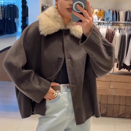 Damen elegante Oversized-Jacke mit Sherpa-Kragen EB