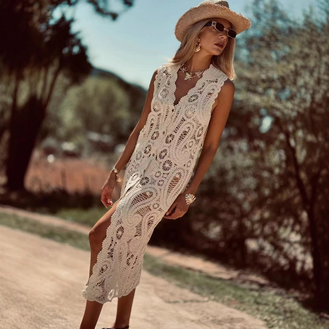 Damen Häkel-Überwurfkleid mit seitlichem Schlitz EB