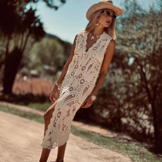 Damen Häkel-Überwurfkleid mit seitlichem Schlitz EB
