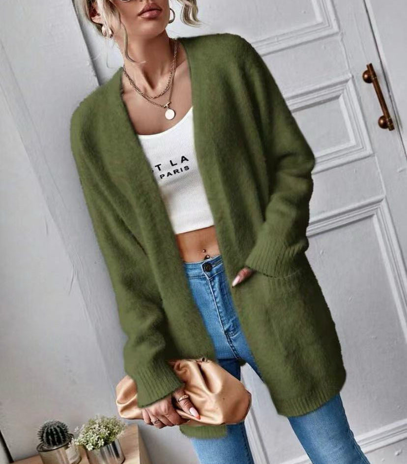 Damen Flauschiger Offener Cardigan aus weichem Material EB