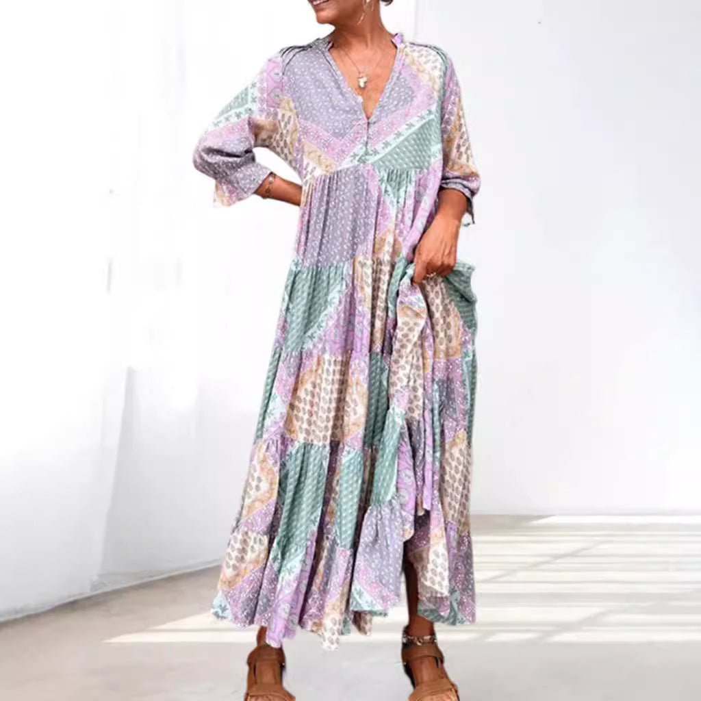 Damen nan luftiges Maxikleid im Patchwork-Boho-Stil mit V-Ausschnitt, gerafftem Oberteil und ausgestelltem Stufensaum EB