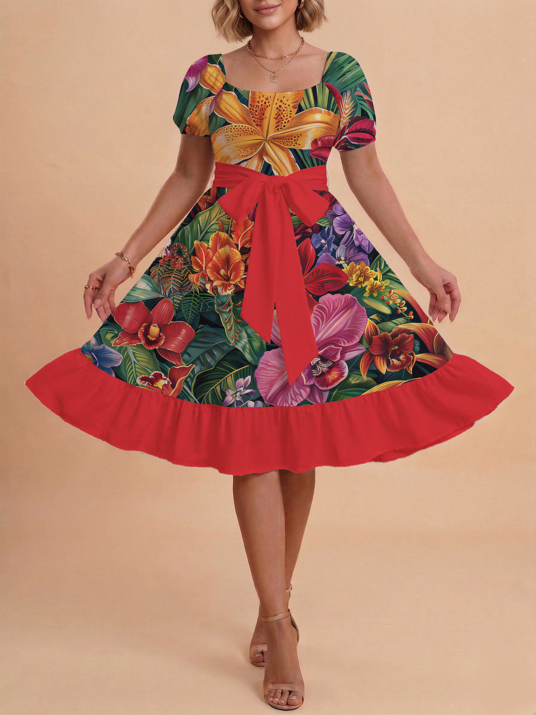 Damen Sommerkleid mit floralem Puffärmel und taillierbarem Gürtel EB