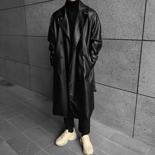 Herren modischer Longtrenchcoat aus hochwertigem Kunstleder mit elegantem Schnitt EB