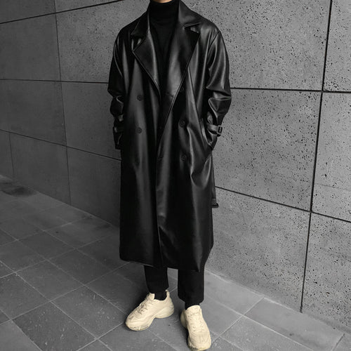 Herren modischer Longtrenchcoat aus hochwertigem Kunstleder mit elegantem Schnitt EB