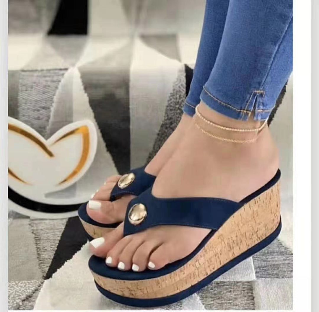 Damen nan Zehentrenner-Plateau-Sandalette mit Korkkeilabsatz und dekorativem Zierknopf EB