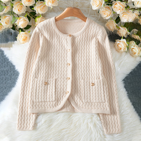 Damen elegante Strickjacke mit Wellenmuster EB