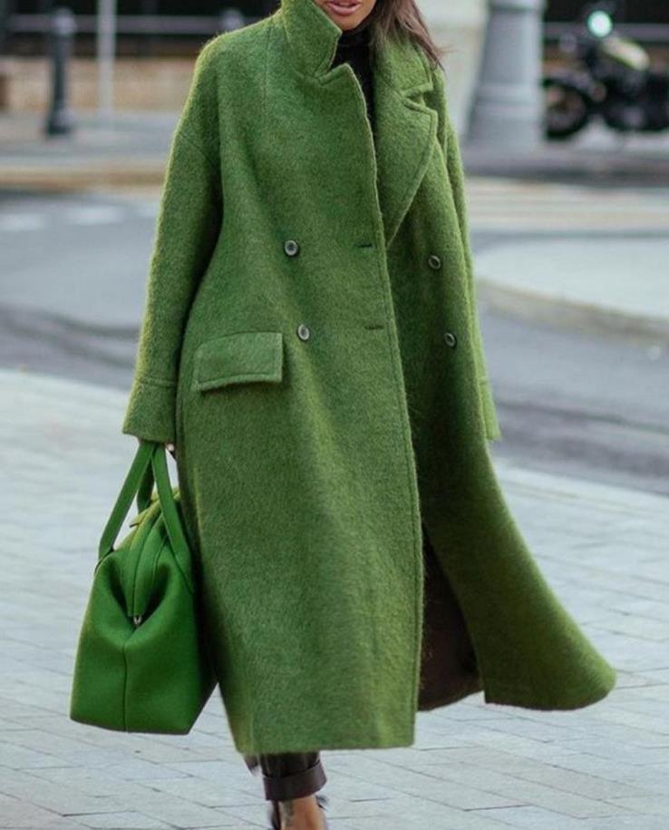 Damen nan Cape-ähnlicher doppelreihiger Wollmantel mit weitem Fall, hohem Stehkragen und Pattentaschen EB