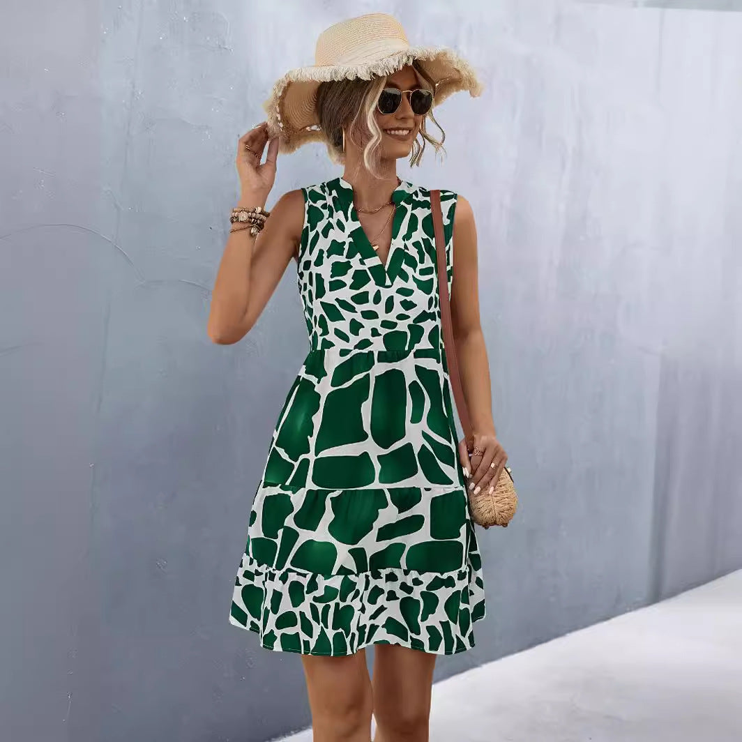 Damen Sommerkleid mit V-Ausschnitt und voluminösem Rock EB